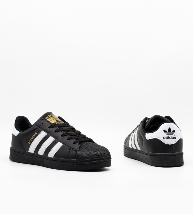 Adidas Superstar all black with wht stripe (gold)